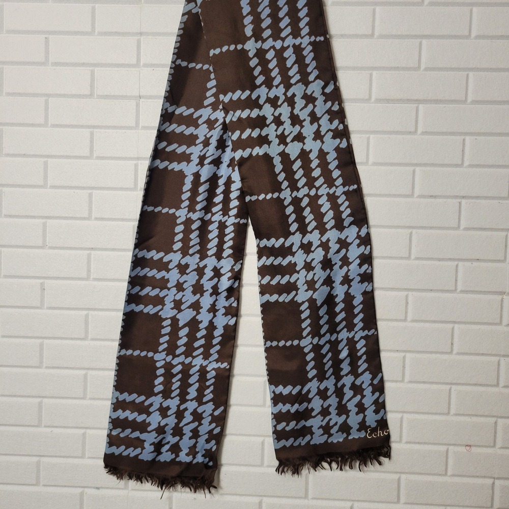Vintage 1970s Echo Silk Scarf Abstract Houndstooth Plaid Long Mod Quiet Luxury - Picture 3 of 9